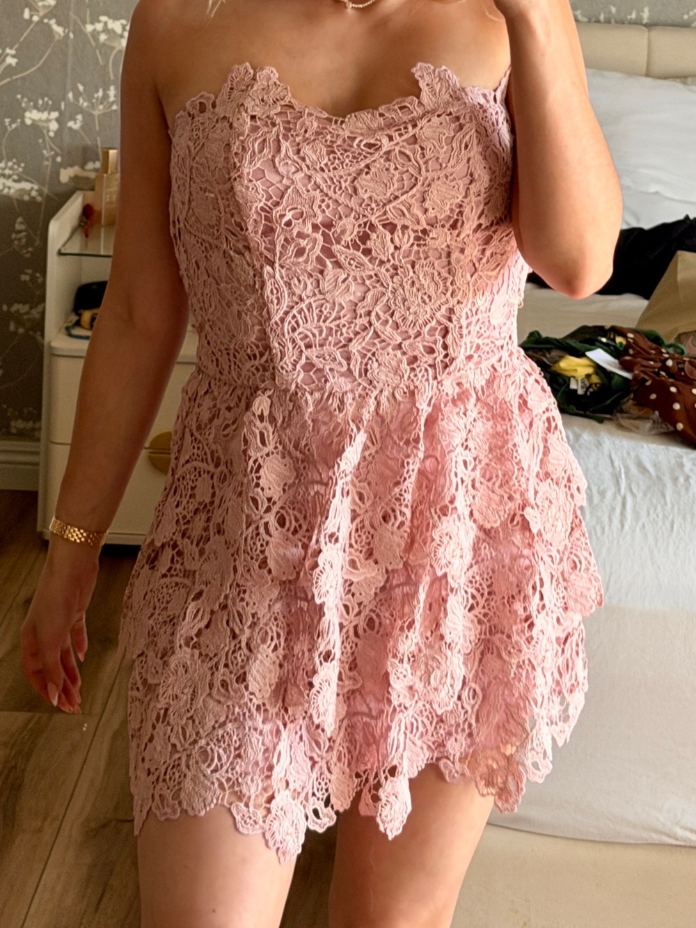 Nova Luxe Strapless Pink Lace Mini Dress